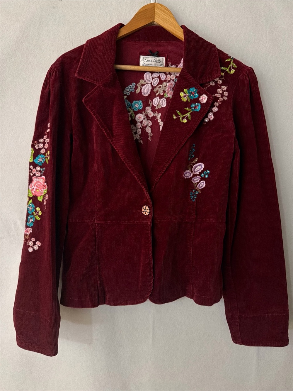 Vintage Y2K Live a Little Wine Corduroy Blazer with sequined floral embroidery M